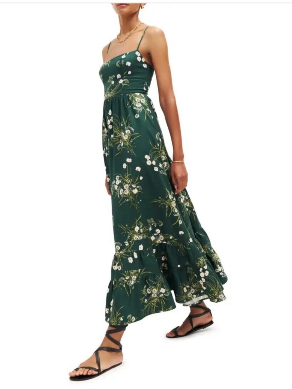 Reformation Baina Green Floral Maxi Dress with White Blossoms